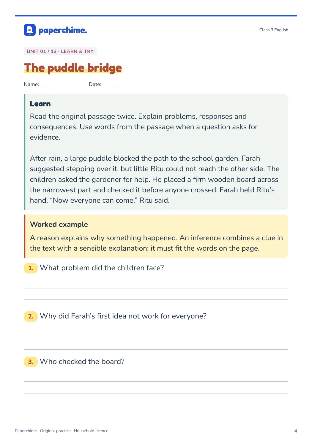 Actual learner page from Class 3 English