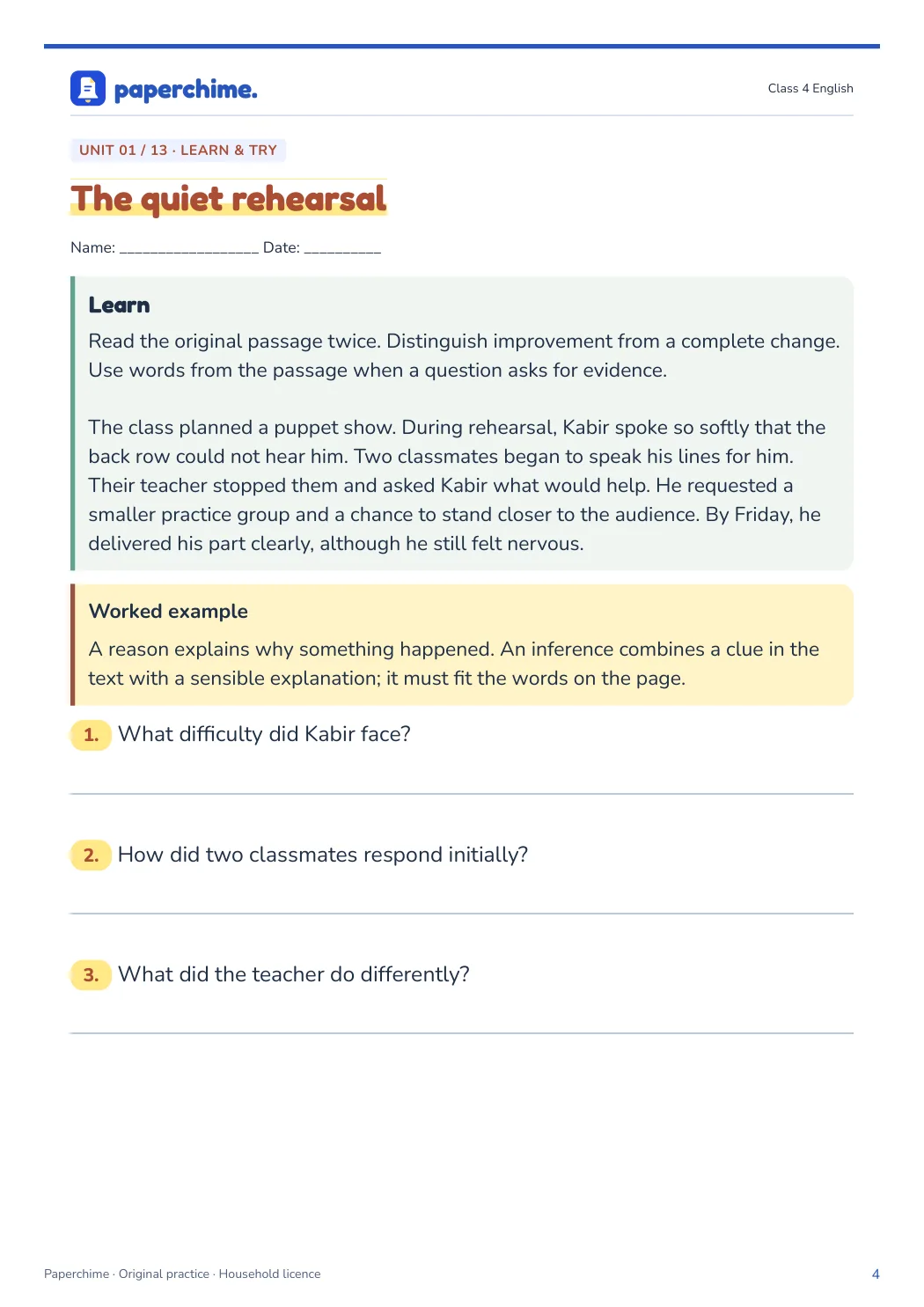 Actual learner page from Class 4 English