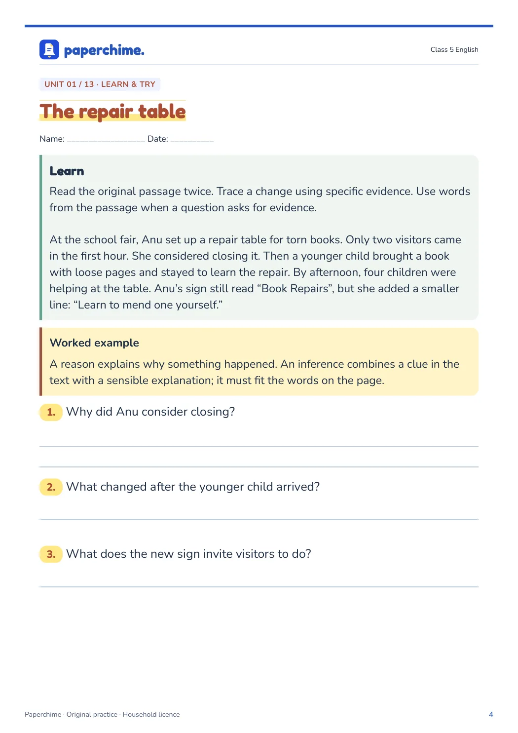 Actual learner page from Class 5 English