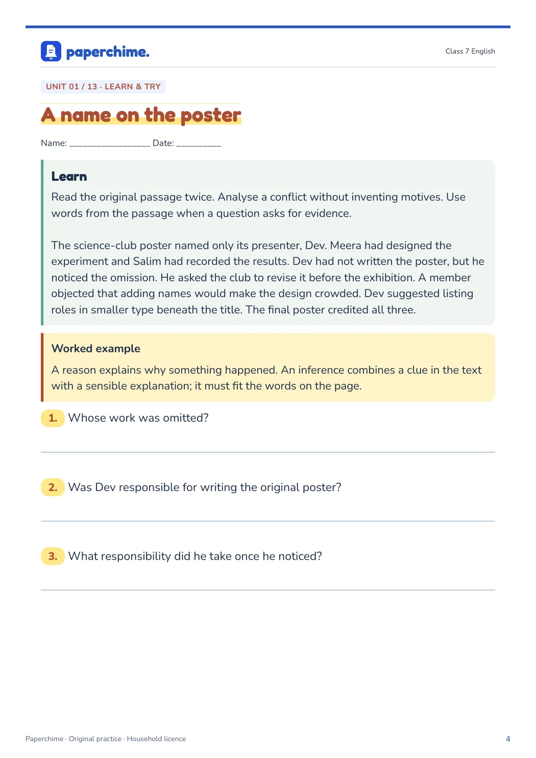 Actual learner page from Class 7 English