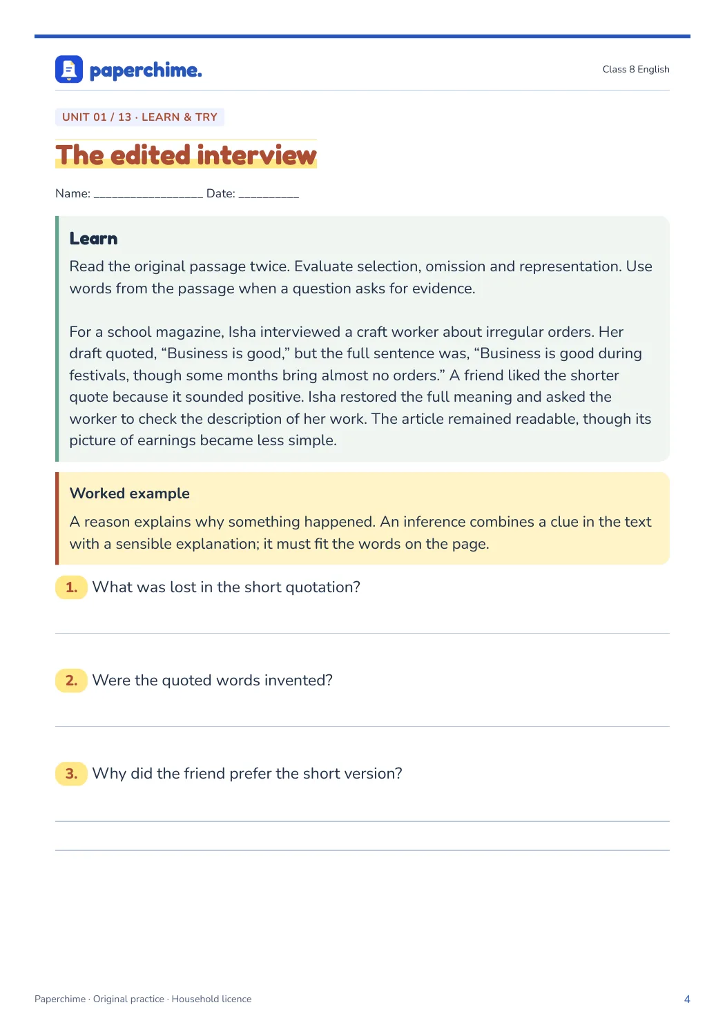 Actual learner page from Class 8 English
